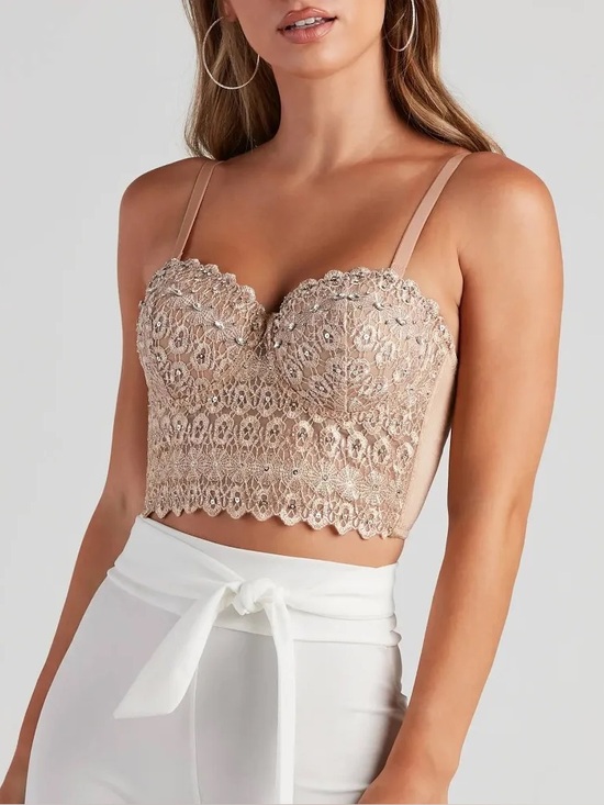 Windsor Other - Windsor Tan Lace Longline Bustier Bra Sequin Embellished Corset Crop Top XS